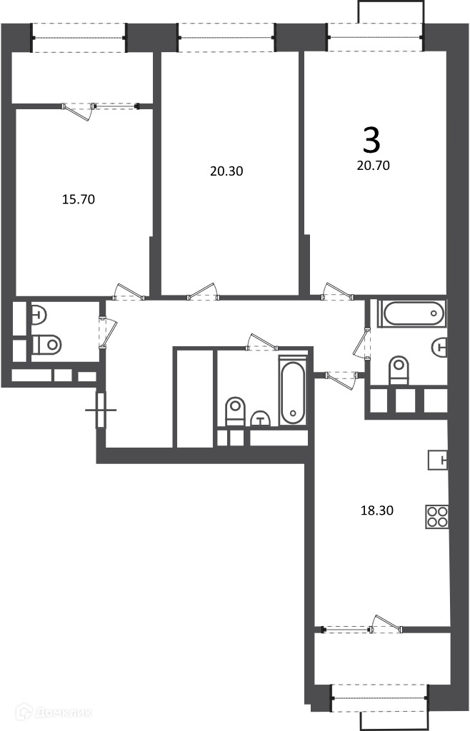 Планировка 3-комн. в ЖК «Клинская ул., д. 2А (Московские кварталы)»