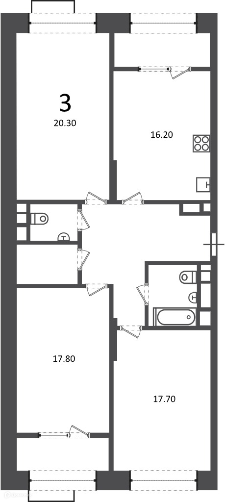 Планировка 3-комн. в ЖК «Клинская ул., д. 2А (Московские кварталы)»