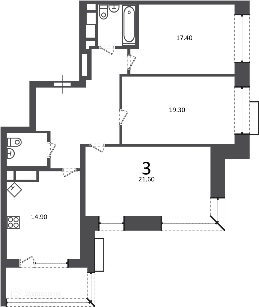 Планировка 3-комн. в ЖК «Клинская ул., д. 2А (Московские кварталы)»