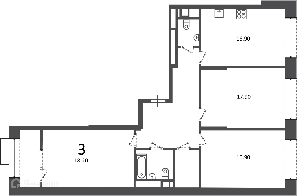Планировка 3-комн. в ЖК «Клинская ул., д. 2А (Московские кварталы)»