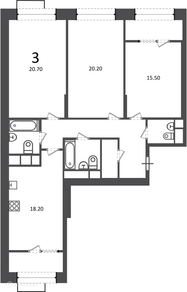 Планировка 3-комн. в ЖК «Клинская ул., д. 2А (Московские кварталы)»