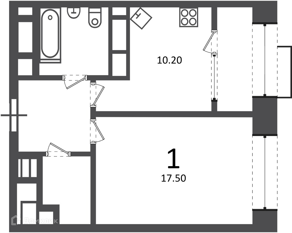 Планировка 1-комн. в ЖК «Клинская ул., д. 2А (Московские кварталы)»