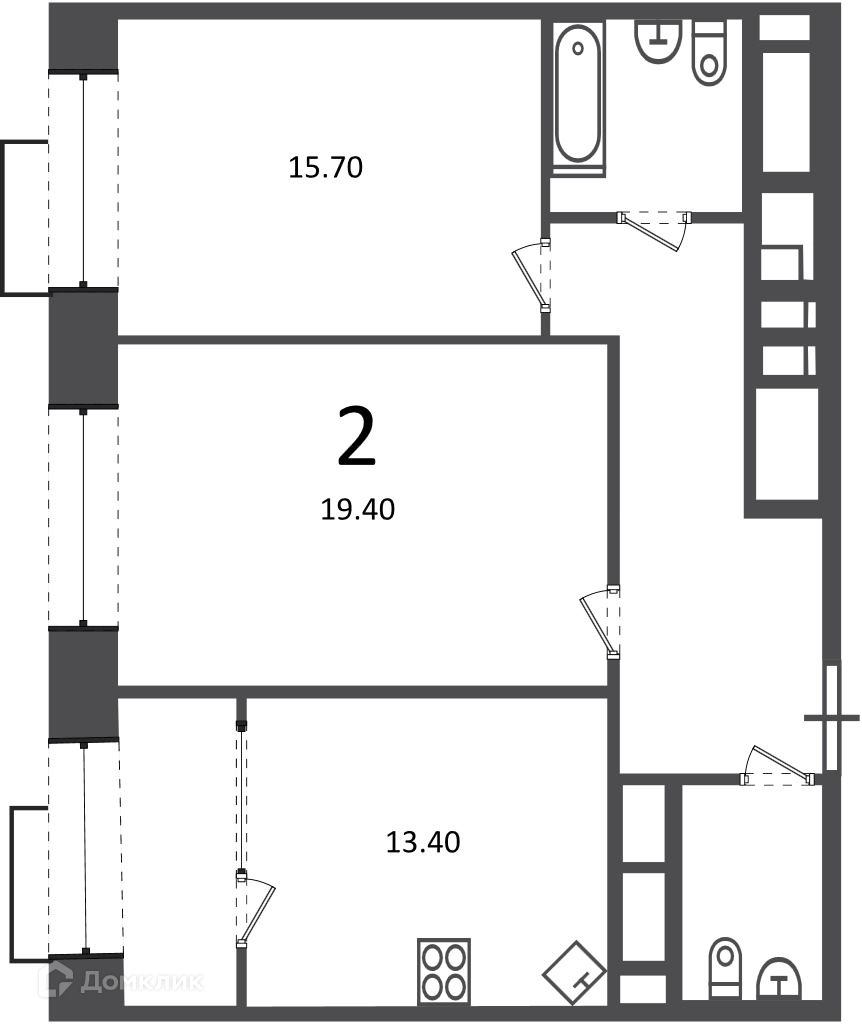 Планировка 2-комн. в ЖК «Клинская ул., д. 2А (Московские кварталы)»