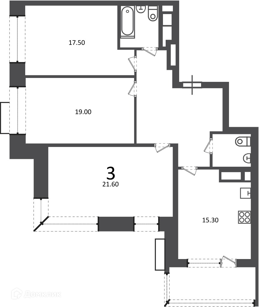 Планировка 3-комн. в ЖК «Клинская ул., д. 2А (Московские кварталы)»