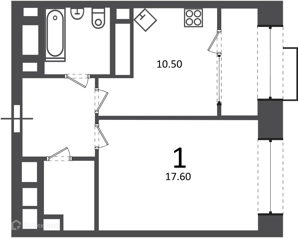Планировка 1-комн. в ЖК «Клинская ул., д. 2А (Московские кварталы)»