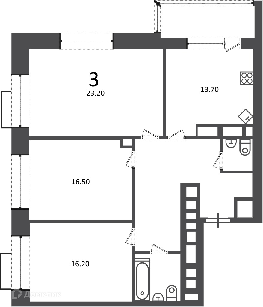 Планировка 3-комн. в ЖК «Клинская ул., д. 2А (Московские кварталы)»