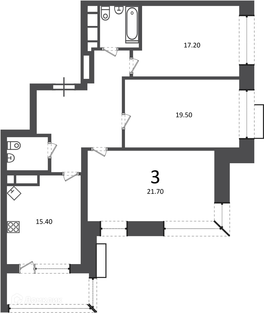 Планировка 3-комн. в ЖК «Клинская ул., д. 2А (Московские кварталы)»