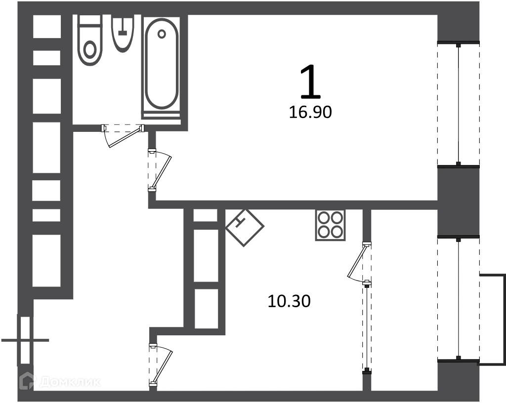 Планировка 1-комн. в ЖК «Клинская ул., д. 2А (Московские кварталы)»