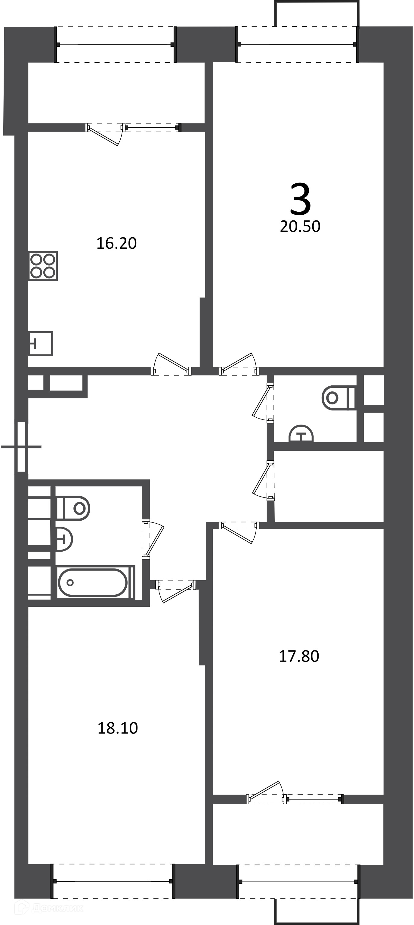 Планировка 3-комн. в ЖК «Клинская ул., д. 2А (Московские кварталы)»