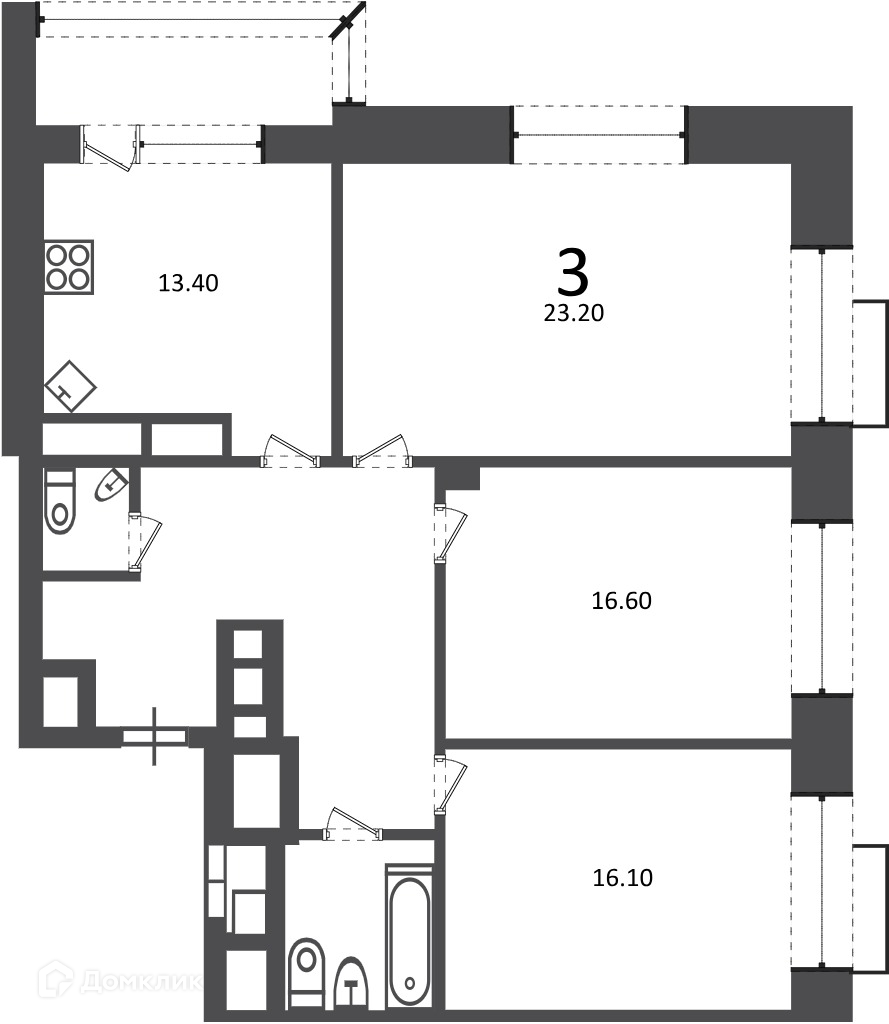 Планировка 3-комн. в ЖК «Клинская ул., д. 2А (Московские кварталы)»