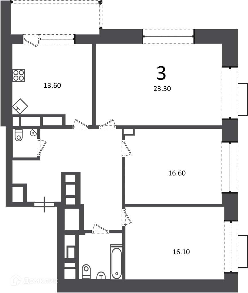 Планировка 3-комн. в ЖК «Клинская ул., д. 2А (Московские кварталы)»