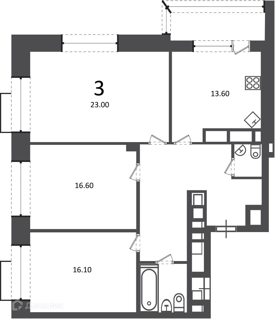 Планировка 3-комн. в ЖК «Клинская ул., д. 2А (Московские кварталы)»