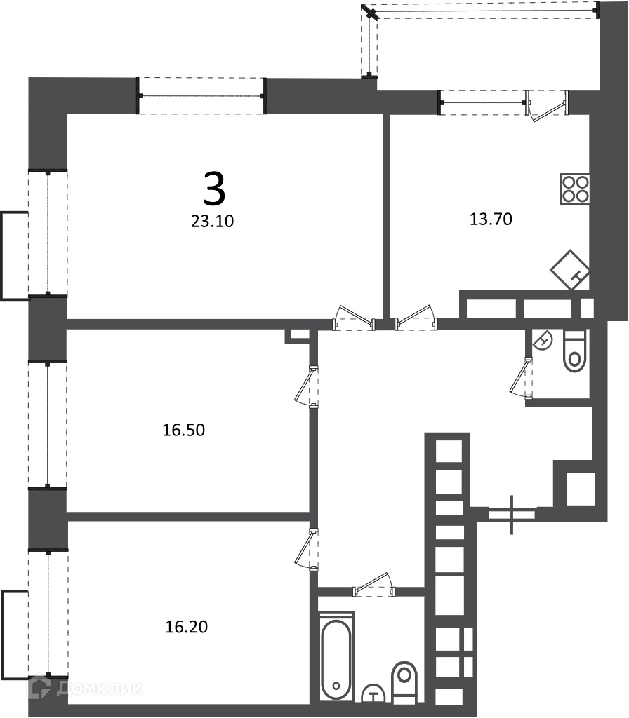 Планировка 3-комн. в ЖК «Клинская ул., д. 2А (Московские кварталы)»