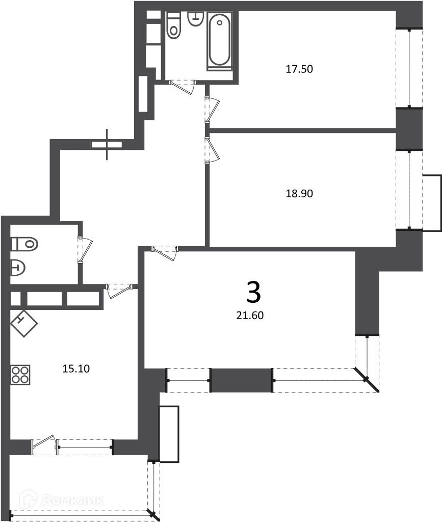 Планировка 3-комн. в ЖК «Клинская ул., д. 2А (Московские кварталы)»
