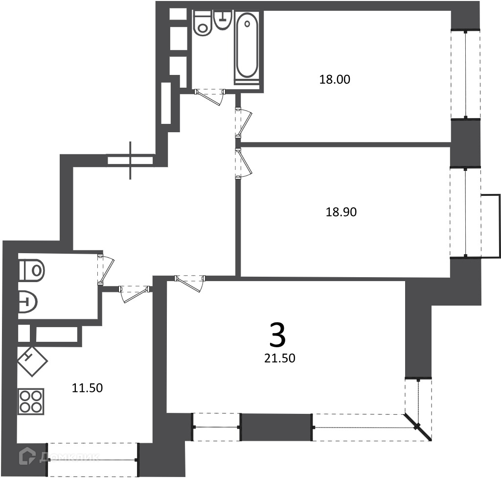 Планировка 3-комн. в ЖК «Клинская ул., д. 2А (Московские кварталы)»
