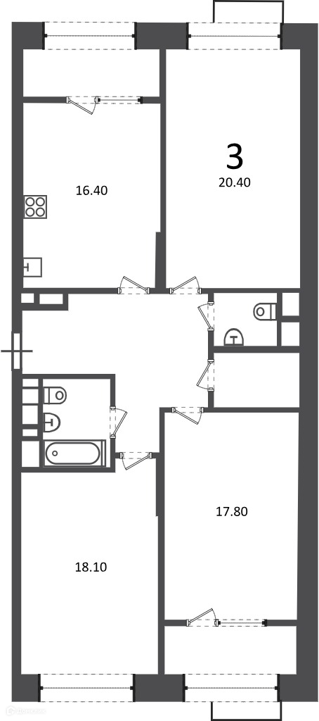 Планировка 3-комн. в ЖК «Клинская ул., д. 2А (Московские кварталы)»